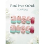 Gentle Pink‑Mint French 3D‑Floral Press‑On Nails, Short Square Handmade False Nails with Hand‑Painted Lotus Leaf, Pearls & Gold Beads